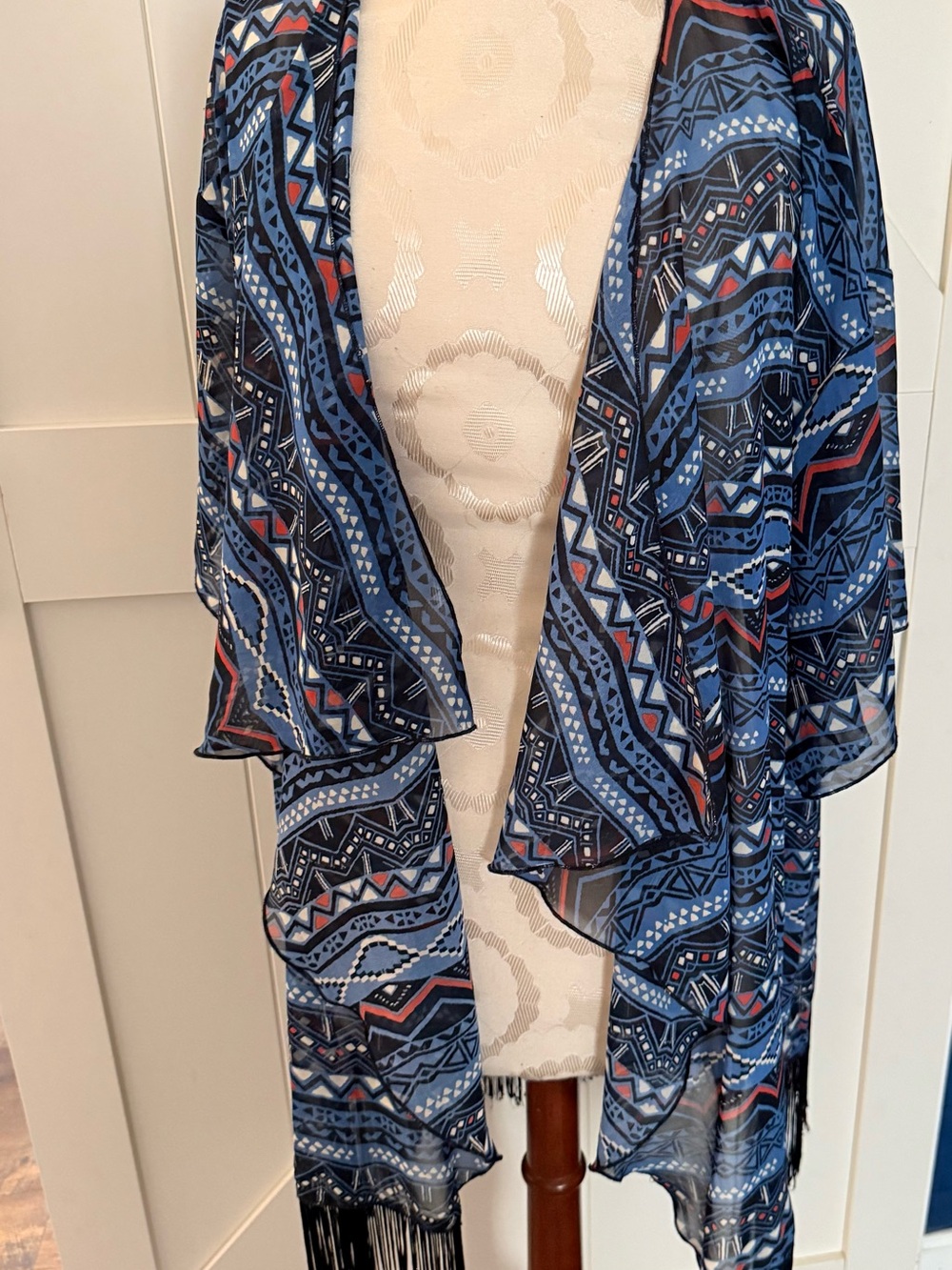 LuLaRoe Blue Aztec Print Fringe Cardigan with Red Accents